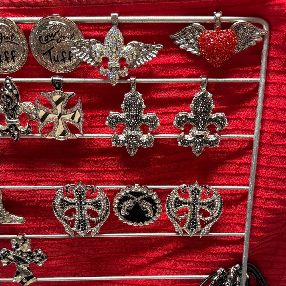 Assorted Fleur-de-Lis & Heart Pendant Display - Silver & Red Accents